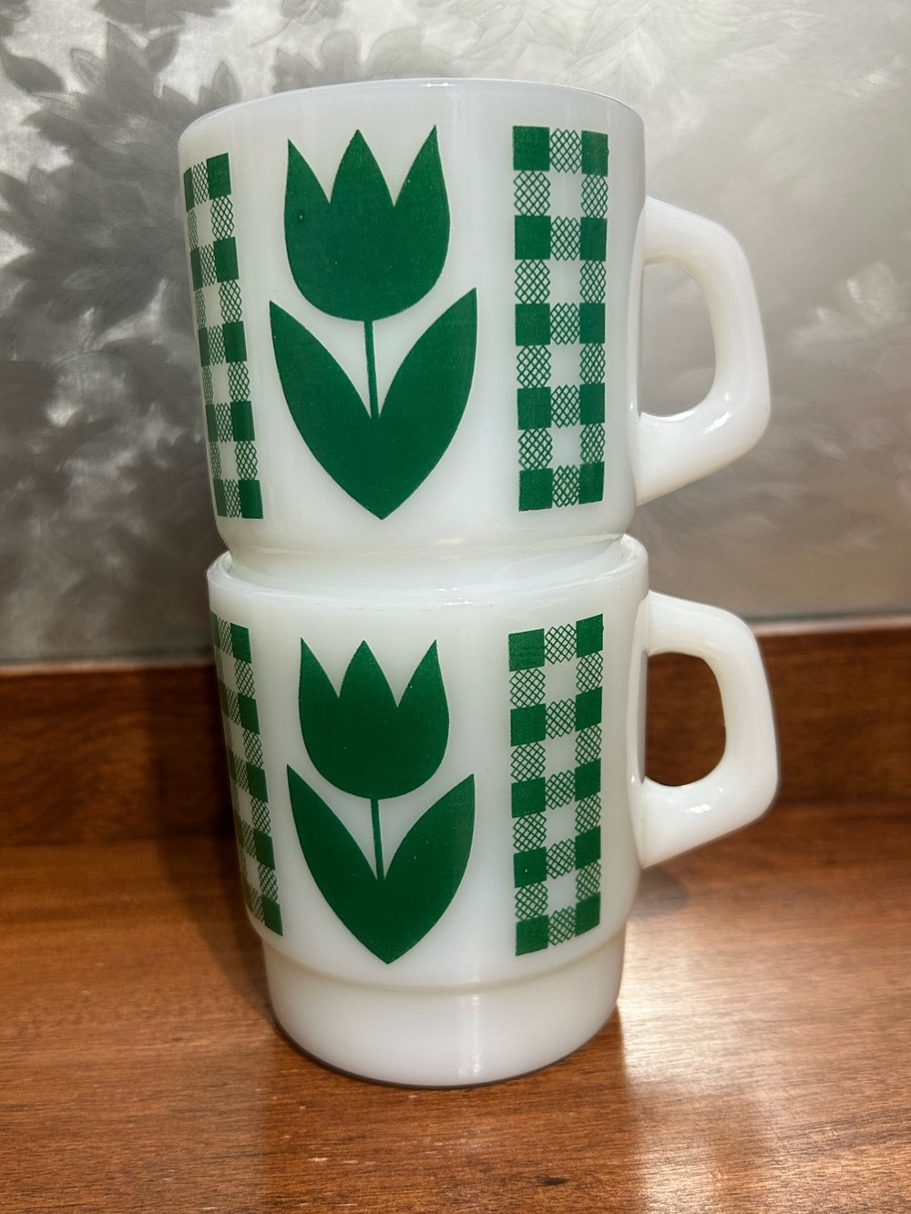 Vintage Termocrisa Green Gingham with Tulip Milk Glass - Mugs - Set of 2